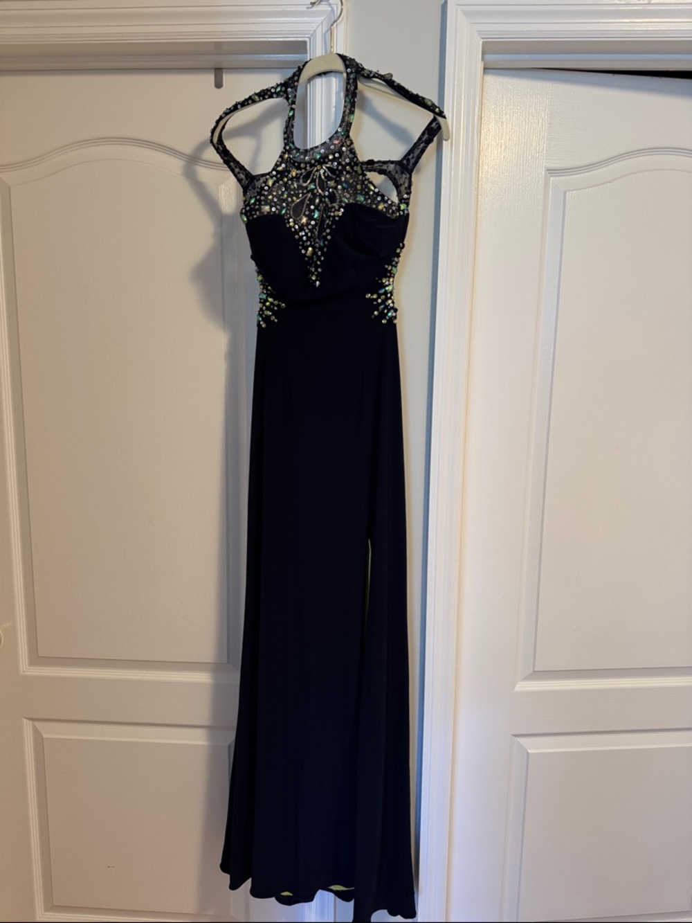 Betsy & Adam Black Beaded Halter Prom Gown